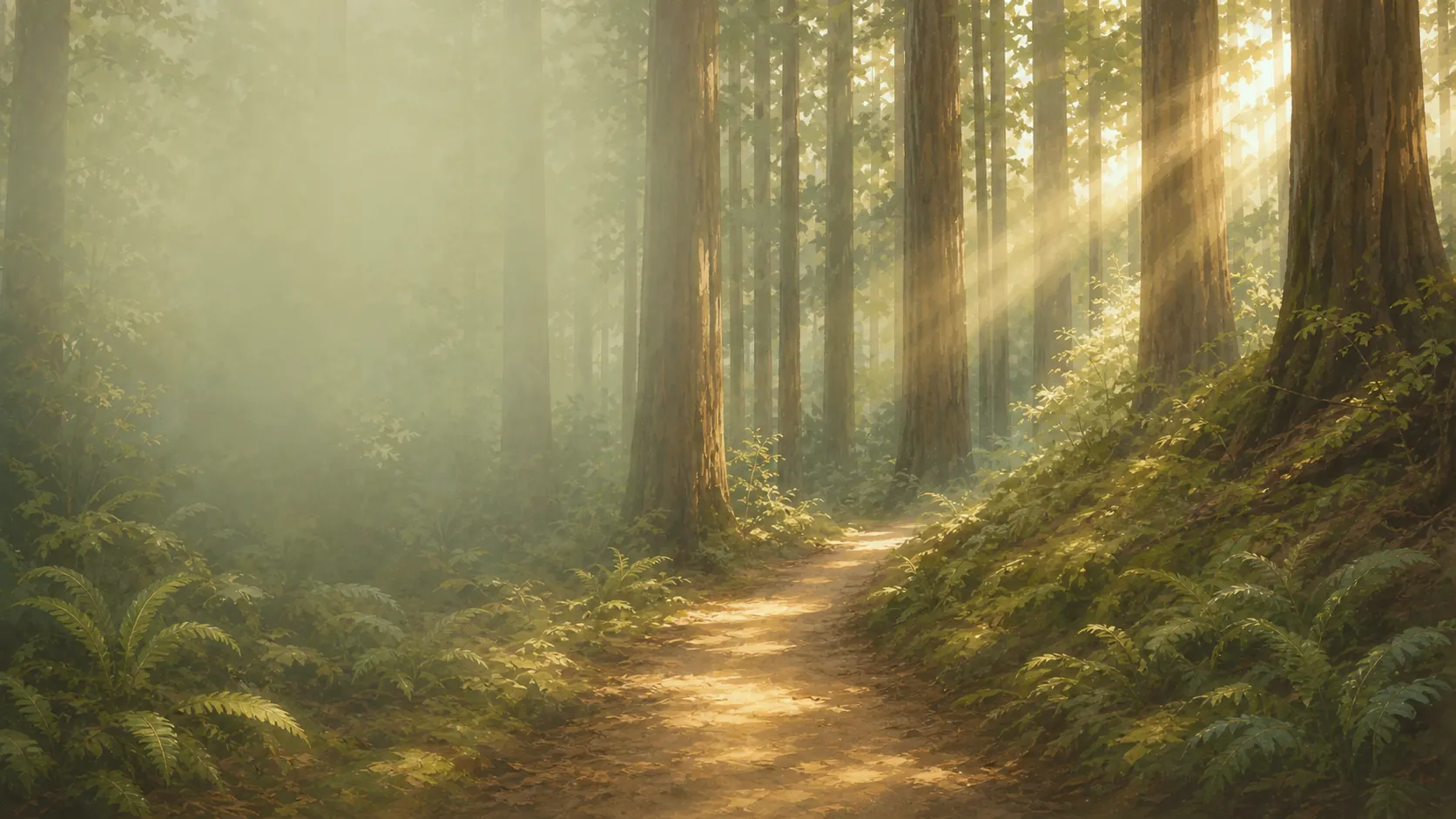 A warm painterly redwood forest path with sunbeams, ferns, and tall trees.
